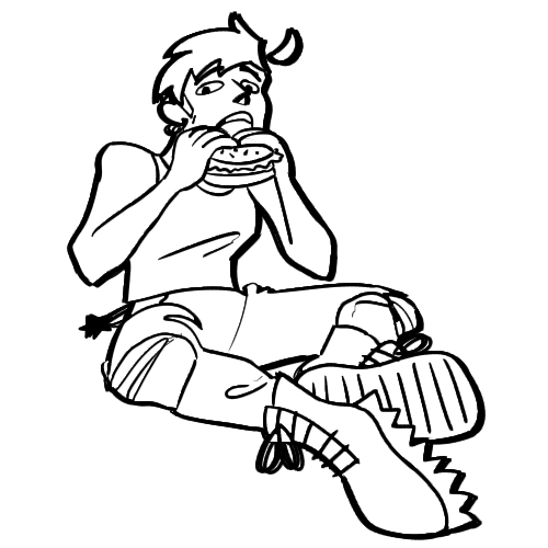 The wonderful and handsome webmaster of this site eating a hamburger with a surprised look on their face.